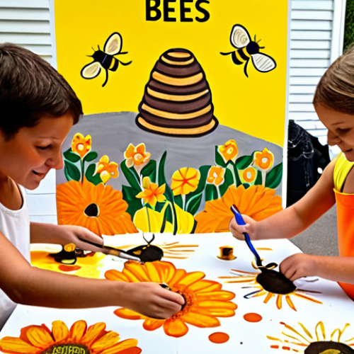 Home 11 **Image Prompt:** A group of children collaboratively painting a large, vibrant poster about saving bees. The poster features bright yellow and orange flowers, earthy brown beehives, and buzzing bees. Some children are using paintbrushes, while others are gluing on recycled materials. The scene should convey joy, teamwork, and environmental awareness. Consider a sunny outdoor setting or a well-lit classroom.