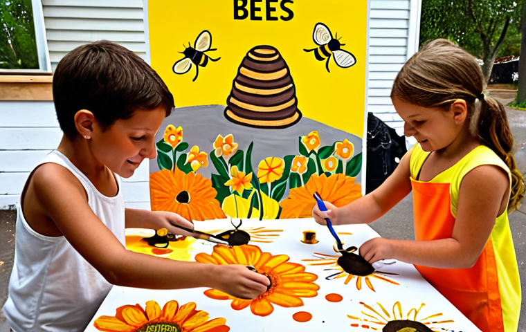 **Image Prompt:** A group of children collaboratively painting a large, vibrant poster about saving bees. The poster features bright yellow and orange flowers, earthy brown beehives, and buzzing bees. Some children are using paintbrushes, while others are gluing on recycled materials. The scene should convey joy, teamwork, and environmental awareness. Consider a sunny outdoor setting or a well-lit classroom.