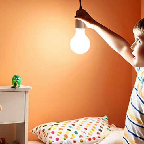 Home 6 **
A bright, playful kids' room. A young child, styled as an "energy detective," is pointing excitedly at an LED lightbulb. Soft, diffused lighting, warm color palette. Focus on the child's curiosity and the modern, energy-efficient light.
**