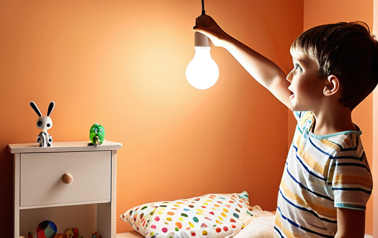 **
A bright, playful kids' room. A young child, styled as an "energy detective," is pointing excitedly at an LED lightbulb. Soft, diffused lighting, warm color palette. Focus on the child's curiosity and the modern, energy-efficient light.
**