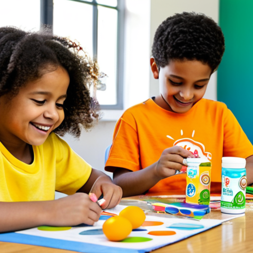 A diverse group of cheerful children, aged approximately 7-10 years old, fully clothed in modest, family-friendly attire, collaboratively engaged in an upcycling project at a brightly lit wooden craft table. They are transforming clean, common household waste materials like cardboard tubes, cereal boxes, and plastic bottles into creative art pieces. One child holds a partly constructed robot made from a cardboard box, another paints an egg carton animal, while a third child sorts colorful paper scraps. The table is neatly organized with child-safe craft supplies like glue, scissors, and non-toxic paint. The background is a clean, well-lit classroom or playroom with natural light. perfect anatomy, correct proportions, natural pose, well-formed hands, proper finger count, natural body proportions, professional photography, high quality, vibrant colors, clear focus, safe for work, appropriate content, fully clothed, family-friendly.
