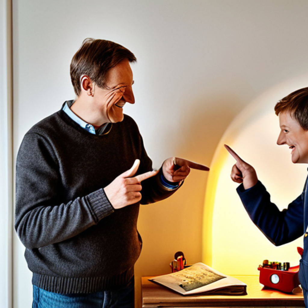 어린이를 위한 에너지 절약 캠페인 - A family making a "Licht aus!" (lights off!) discovery game in their cozy German home, children poin...