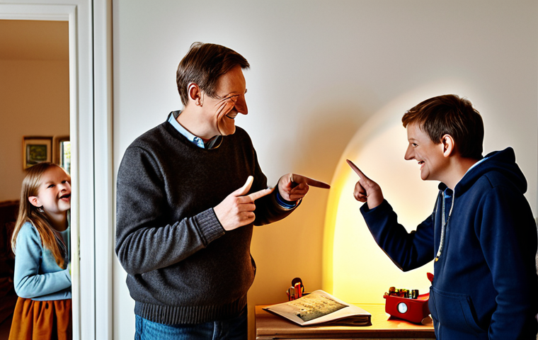 어린이를 위한 에너지 절약 캠페인 - A family making a "Licht aus!" (lights off!) discovery game in their cozy German home, children poin...