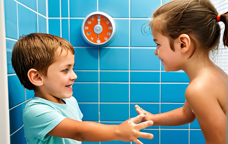 어린이를 위한 에너지 절약 캠페인 - A family making a "Licht aus!" (lights off!) discovery game in their cozy German home, children poin...