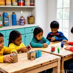 자원 절약과 어린이 교육의 역할 - **"Creative Upcycling Workshop for Children"**
    A vibrant, sunlit scene featuring a diverse group...