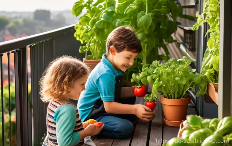 자원 절약과 어린이 교육의 역할 - **"Creative Upcycling Workshop for Children"**
    A vibrant, sunlit scene featuring a diverse group...