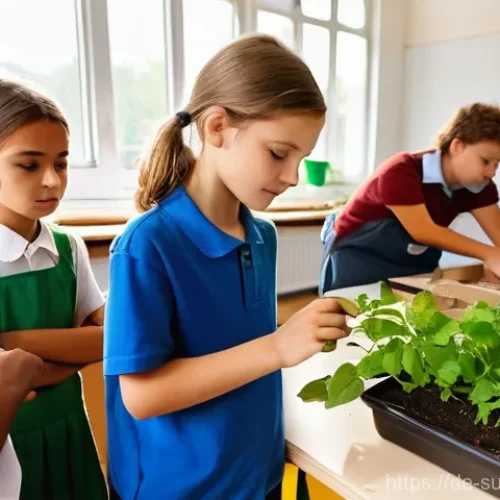 지속가능성 교육의 도전과 기회 - **A bustling, modern classroom in a German elementary school, filled with natural light.** Students ...