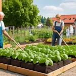지속가능한 지역 사회 만들기 교육 - **Vibrant German Gemeinschaftsgarten (Community Garden) in an Urban Setting**
    A lively, sunny ou...