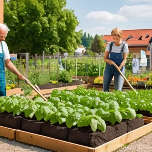 지속가능한 지역 사회 만들기 교육 - **Vibrant German Gemeinschaftsgarten (Community Garden) in an Urban Setting**
    A lively, sunny ou...