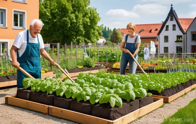 지속가능한 지역 사회 만들기 교육 - **Vibrant German Gemeinschaftsgarten (Community Garden) in an Urban Setting**
    A lively, sunny ou...