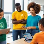 지속가능한 발전 교육을 위한 온라인 자료 - A vibrant and inspiring indoor scene showcasing a diverse group of adults and one teenager enthusias...