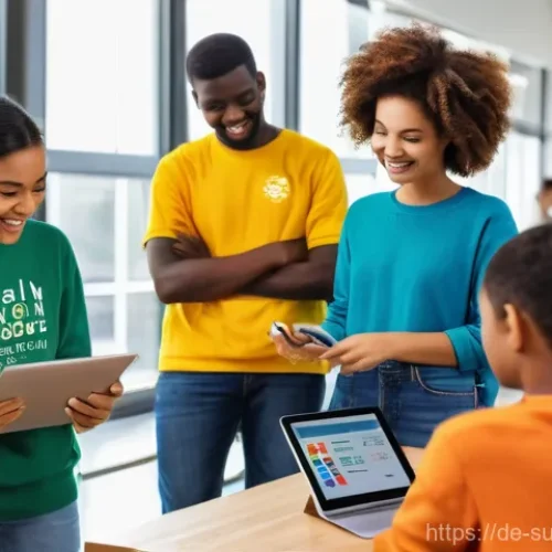 지속가능한 발전 교육을 위한 온라인 자료 - A vibrant and inspiring indoor scene showcasing a diverse group of adults and one teenager enthusias...