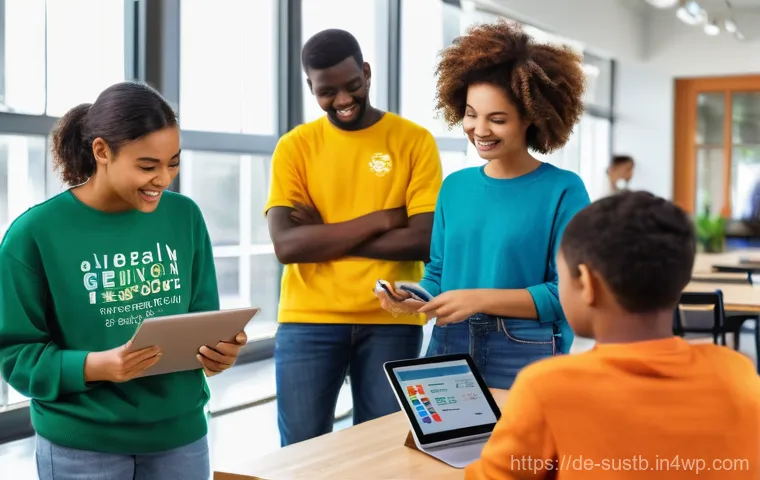 지속가능한 발전 교육을 위한 온라인 자료 - A vibrant and inspiring indoor scene showcasing a diverse group of adults and one teenager enthusias...