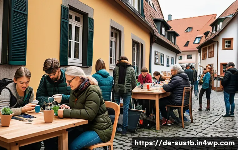 지속가능한 환경 만들기 교육 - A vibrant community repair café scene in a cozy German neighborhood, with diverse adults and teenage...