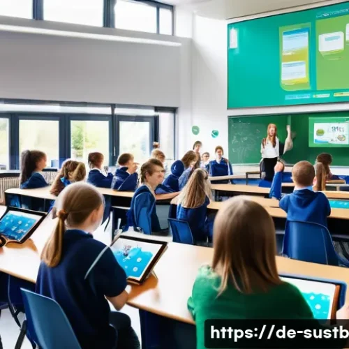 Home 32 지속가능성 교육을 위한 자료 공유 - A vibrant classroom scene in a modern German school focused on sustainable education, featuring dive...