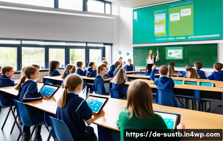 지속가능성 교육을 위한 자료 공유 - A vibrant classroom scene in a modern German school focused on sustainable education, featuring dive...
