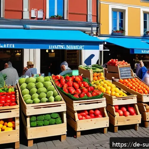 Home 30 지속가능한 소비 습관 기르기 - A vibrant farmers’ market scene in a German town square, showcasing local seasonal fruits and vegeta...
