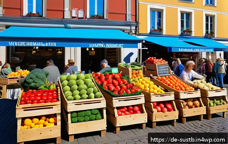 지속가능한 소비 습관 기르기 - A vibrant farmers&rsquo; market scene in a German town square, showcasing local seasonal fruits and vegeta...