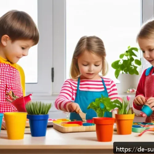 Home 17 어린이와 함께하는 지속 가능한 디자인 - A bright and cheerful indoor crafting scene featuring young children around 4-6 years old, wearing c...
