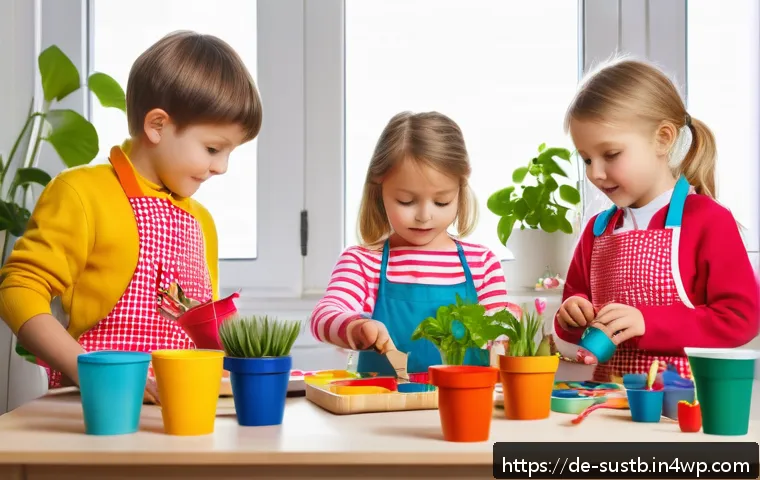 어린이와 함께하는 지속 가능한 디자인 - A bright and cheerful indoor crafting scene featuring young children around 4-6 years old, wearing c...