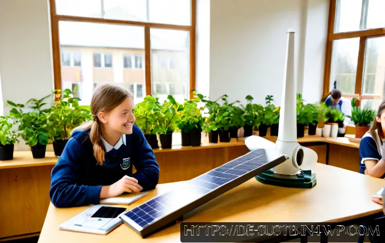 Home 17 지속가능성 교육의 글로벌 사례 연구 - Photorealistic sustainability education workshop in a bright German secondary school classroom, dive...