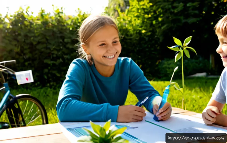 Home 17 지속가능한 미래를 위한 어린이 비전 만들기 - Photorealistic German family workshop in a bright community garden, two school-age children with the...